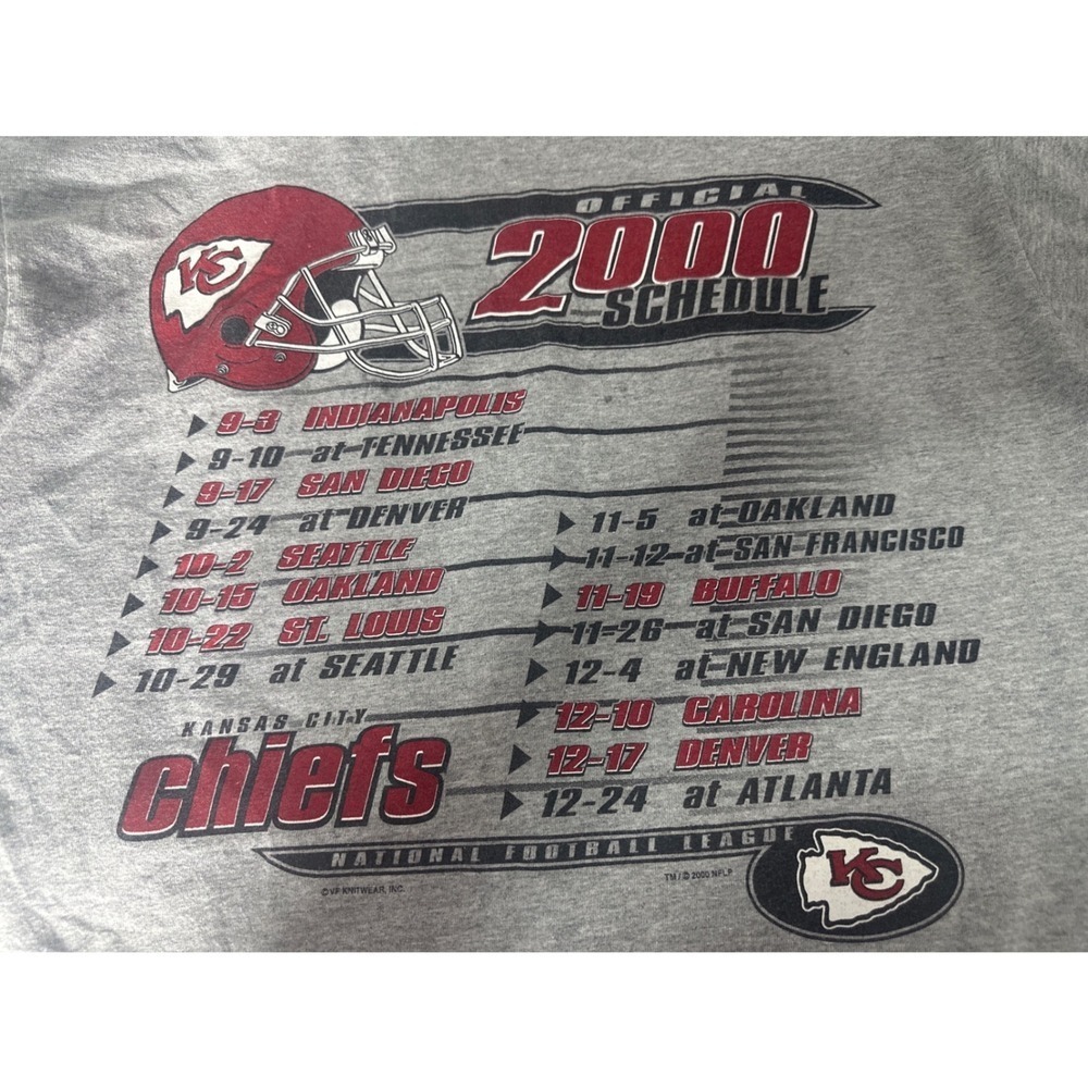 VTG Kansas City Chiefs 2000 Official NFL Schedule T Shirt Men's Large Gray